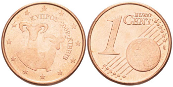 КИПР 1 ЕВРОЦЕНТ 2009 ДВА МУФЛОНА KM 78 сталь плакированная медью UNC 105-321