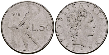 Италия 50 лир 1978 KM 95.1 нержавеющая сталь 4176-246
