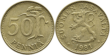 ФИНЛЯНДИЯ 50 ПЕННИ 1981 К KM 48 алюминиевая бронза 4364-3032