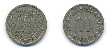 Германия 10 пфеннигов 1907 A KM 12, J. 13 медно-никель 58-312