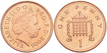 Великобритания 1 пенни 2005 Елизавета II (1952-2022) KM 986, Spink 4710 (B5) сталь плакированная медью UNC 112-1039