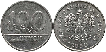 Польша 100 злотых 1990 MW, Демократическая Республика KM 214, Parchimowicz 602 медно-никель 180-345