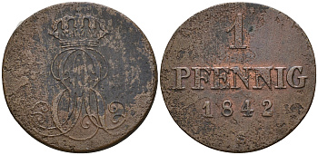 Ганновер 1 пфенниг 1842 S, Эрнст Август (1837-1851) KM 173.3, AKS 128, J. 54 медь 4608-354