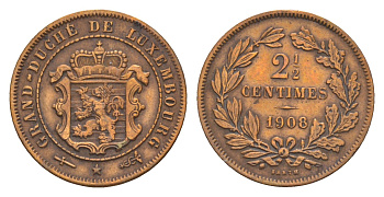Люксембург 2 1/2 сантима 1908 Вильгельм IV (1905-1912) KM 21 бронза 4659-413
