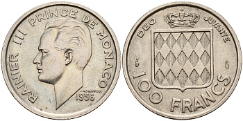 Монако 100 франков 1956 Ранье III (1949-2005) KM 134 медно-никель    4595-331