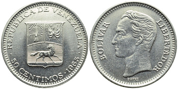 Венесуэла 50 сентимо 1965 Симон Боливар KM 41, Schon 51 никель 4392-969