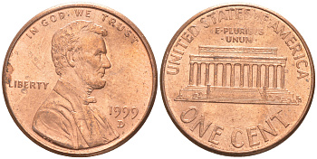США 1 цент 1999 D, Авраам Линкольн KM 201b цинк плакированный медью UNC 187-749