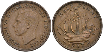 Великобритания 1/2 пенни 1937 Георг VI (1936-1952) KM 844, Spink 4115 бронза 4116-1241