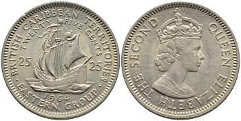 Британские Восточно-Карибские территории 25 центов 1964 Елизавета II (1952-2022), парусник KM 6 медно-никель 83-1313