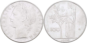 ИТАЛИЯ 100 ЛИР 1958 R, АФИНА KM 96.1 нержавеющая сталь 4526-124