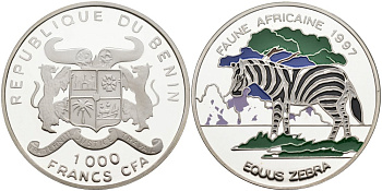 Бенин 1000 франков 1997 Африканская фауна, зебра, цветная эмаль KM 43 серебро PROOF 01-076-41