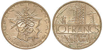 Франция 10 франков 1980 тип Матье KM 940, Le Franc 365.15-16 никель латунь 51-4111