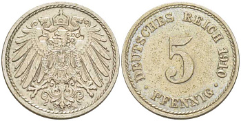 Германия 5 пфеннигов 1910 A KM 11, J. 12, Weege 6 медно-никель 206-964