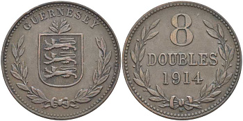Гернси 8 даблов (дублей) 1914 KM 14 бронза 3996-536
