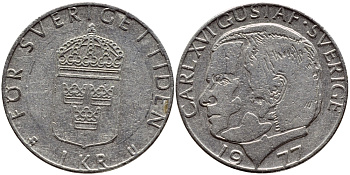 Швеция 1 крона 1977 Карл XVI Густав (1973- ) KM 852 медь плакированная медно-никелем 4397-843