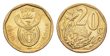 ЮАР 20 центов 2015 герб, цветок протея KM 270 сталь плакированная бронзой UNC 4687-657