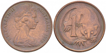 АВСТРАЛИЯ 1 ЦЕНТ 1970 ЕЛИЗАВЕТА II, МОЛОДОЙ ПОРТРЕТ, ОПОССУМ КМ 62 бронза 3955-452