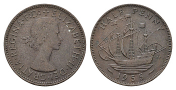 Великобритания 1/2 пенни 1955 Елизавета II (1952-2022) KM 896, Spink 4158 бронза 4662-1136