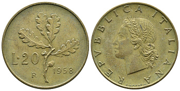 ИТАЛИЯ 20 ЛИР 1958 R ДУБОВАЯ ВЕТВЬ KM 97.1 алюминиевая бронза 4383-1024