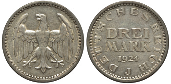 Германия 3 марки 1924 J, Веймарская Республика Weege 19 J. 312, KM 43 серебро 11-265-43