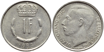 ЛЮКСЕМБУРГ 1 ФРАНК 1983 ВЕЛИКИЙ ГЕРЦОГ ЖАН KM 55 медно-никель 4397-453