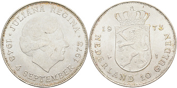 Нидерланды 10 гульденов 1973 25 лет правления королевы Юлианы KM 196 серебро 4368-715