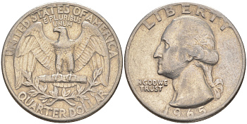 США 25 центов (квотер) 1965 Вашингтон KM 164a медь плакированная медно-никелем 08-1011
