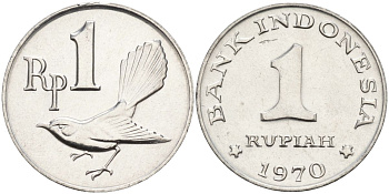 Индонезия 1 рупия 1970 птичка мухоловка KM 20 алюминий UNC 4153-545