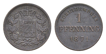Бавария 1 пфенниг 1871 Людвиг II (1864-1886) KM 856 медь 4649-467