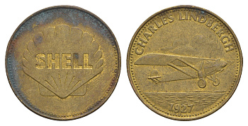 Франция жетон Shell - Человек в полете - Чарльз Линдберг, 1927 г. 1969 диаметр 26 мм, вес 5 гр Kooij RS011.7c сталь плакированная латунью 4656-325