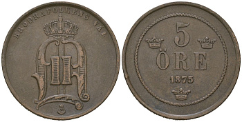 Швеция 5 эре 1875 Оскар II (1872-1907) KM 736 бронза 4171-1247