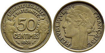 ФРАНЦИЯ 50 САНТИМОВ 1931 ТИП MORLON KM 894.1, LE FRANC 192.3 алюминиевая бронза 23-523 26-514