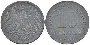 ГЕРМАНИЯ 10 ПФЕННИГОВ 1920 KM 26, J. 299 цинк 4539-1026