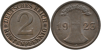 ГЕРМАНИЯ 2 РЕНТПФЕННИГА 1923 J J 307, KM 31 бронза UNC 413-3813