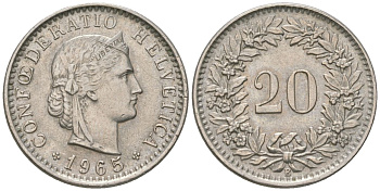 Швейцария 20 раппенов 1965 B KM 29a медно-никель 220-1245