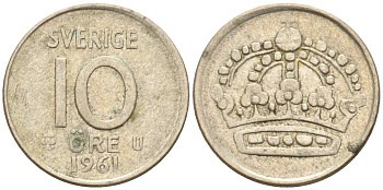 Швеция 10 эре 1961 Густав VI Адольф (1950-1973) KM 823 серебро 4147-928