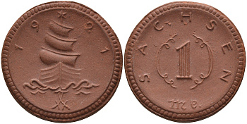 Саксония 1 марка 1921 парусник J. N 55 фарфор 1094-4-32