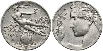ИТАЛИЯ 20 ЧЕНТЕЗИМО 1922 R, ВИКТОР ЭММАНУИЛ III (1900-1946) KM 44 никель 4544-1232