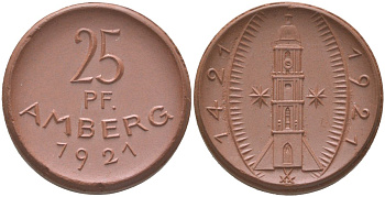 Амберг 25 пфеннигов 1921 Men05#?474.2, Men18#?649.2 фарфор UNC 00-00