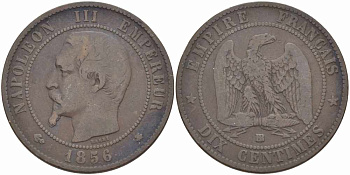 Франция 10 сантимов 1856 BB, Наполеон III (1852-1870) KM 771.3, Le Franc 133.34 бронза    4680-636