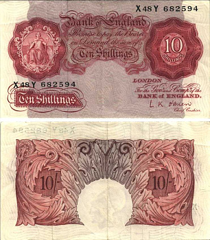 АНГЛИЯ 10 ШИЛЛИНГОВ 1955-1960 КОРИЧНЕВАЯ, ПОДПИСЬ L.K. O'BRIEN Pick 368c бумага VF 7217-3-1