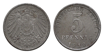 Германия 5 пфеннигов 1919 A KM 19, J. 297 железо плакированное цинком 4644-1119