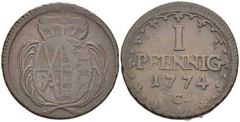 САКСОНИЯ 1 ПФЕННИГ 1774 С, ФРИДРИХ АВГУСТ III (1763-1806) KM 1000 (С91) медь 206-348