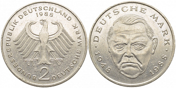 ФРГ 2 МАРКИ 1988 F ЛЮДВИГ ЭРХАРД J. 445, KM 170 медно-никель плакированный никелем 3856-313