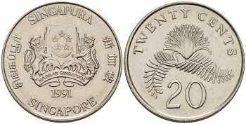 Сингапур 20 центов 1991 KM 52 медно-никель 67-534