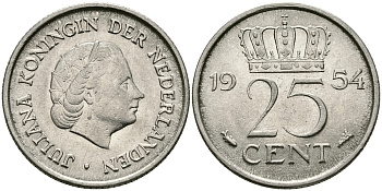 НИДЕРЛАНДЫ 25 ЦЕНТОВ 1954 ЮЛИАНА KM 183 никель 96-128