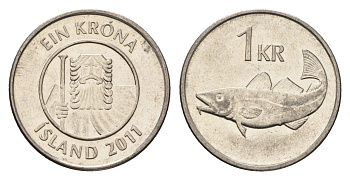 Исландия 1 крона 2011 треска KM 27a сталь плакированная никелем UNC 4691-624