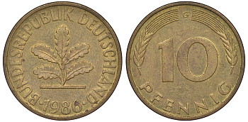 ФРГ 10 пфеннигов 1986 G KM 108, J 383 сталь плакированная латунью 25-1814