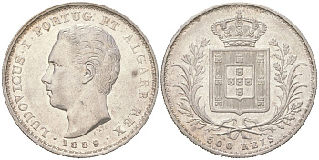 Португалия 500 реалов 1889 Луиш I (1861-1889) KM 509 серебро 413-211