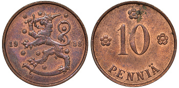 Финляндия 10 пенни 1938 KM 24 медь 51-3045